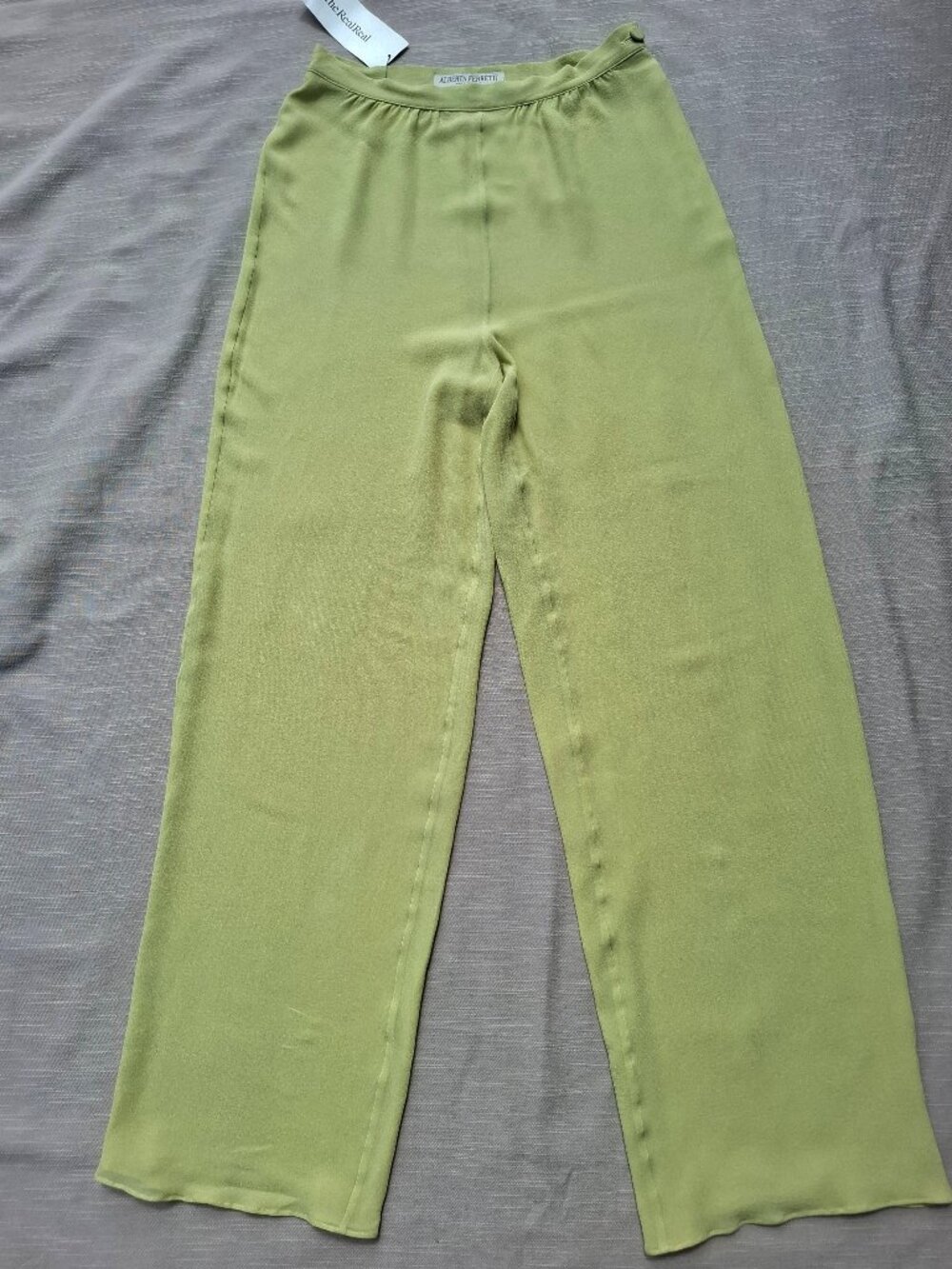 Vtg Alberta Ferretti Italy 100% Silk Lime Yellow Wide Leg Trousers Boho Pants S